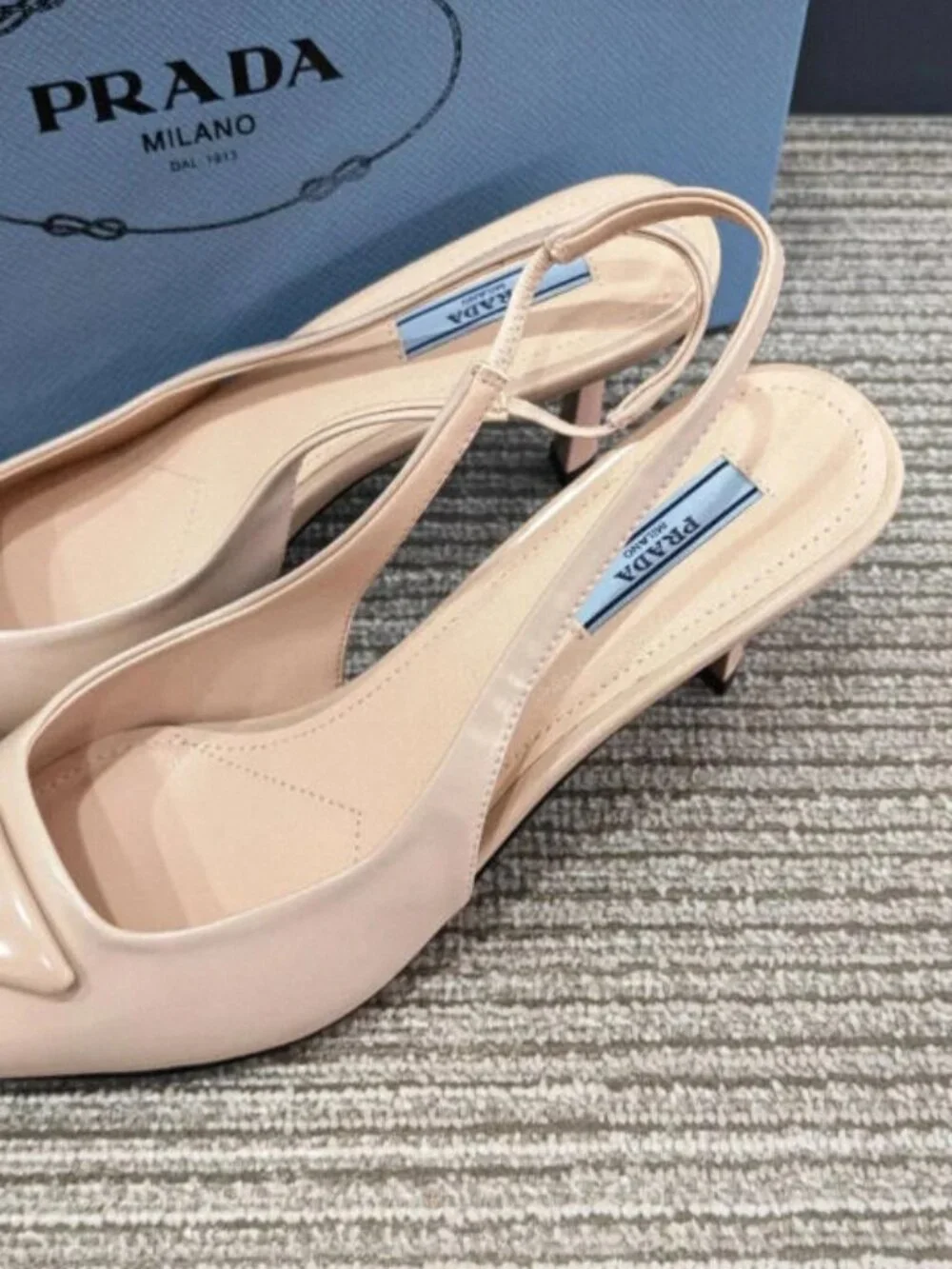Prada Nude Patent Leather Triangle Logo Slingback Heels – With Original Box